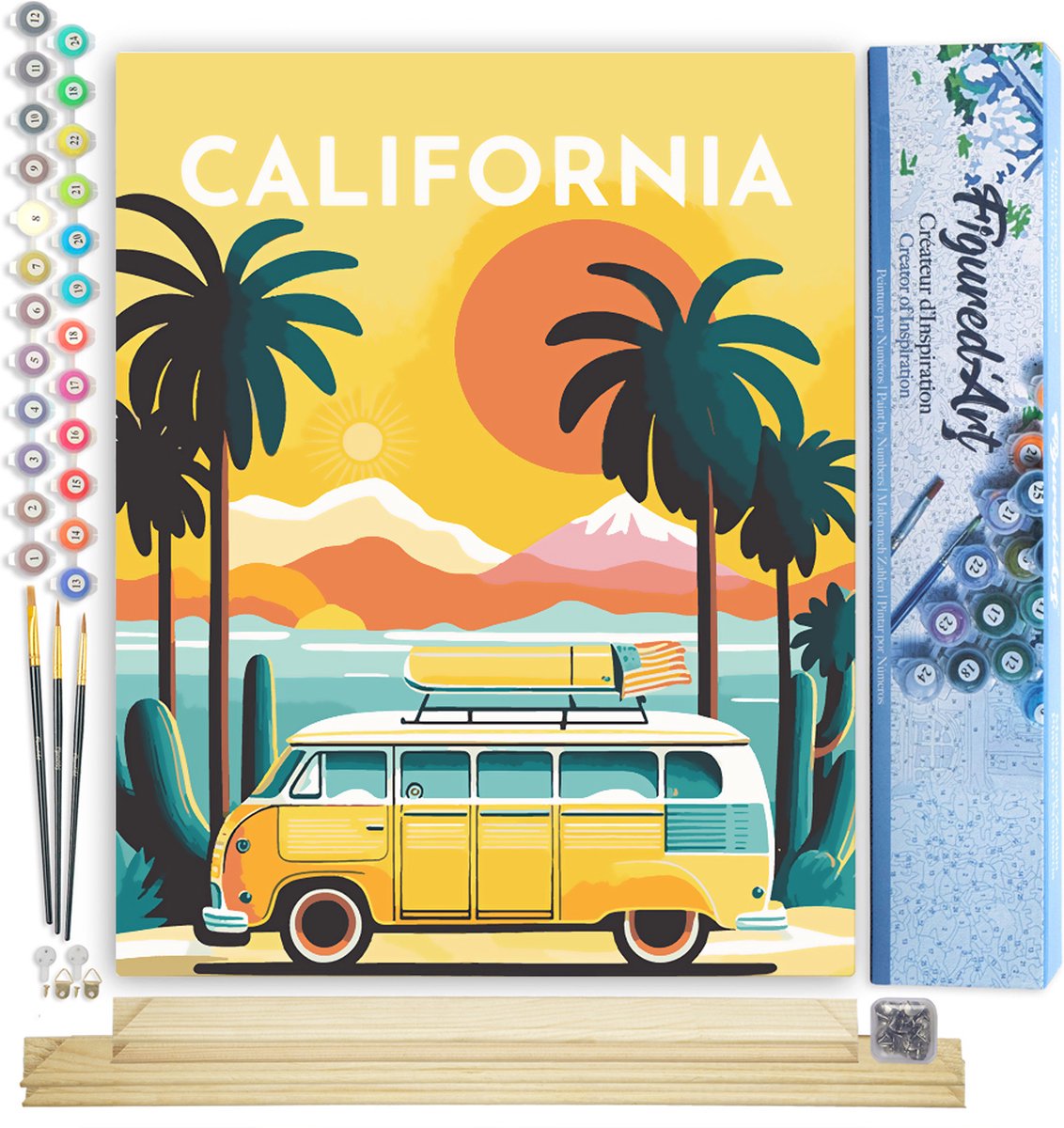 FiguredArt Schilderen op Nummer Volwassenen canvas Reisposter Californië- Handwerk acrylverf Kit DIY Compleet - 40x50cm met DIY houten lijst